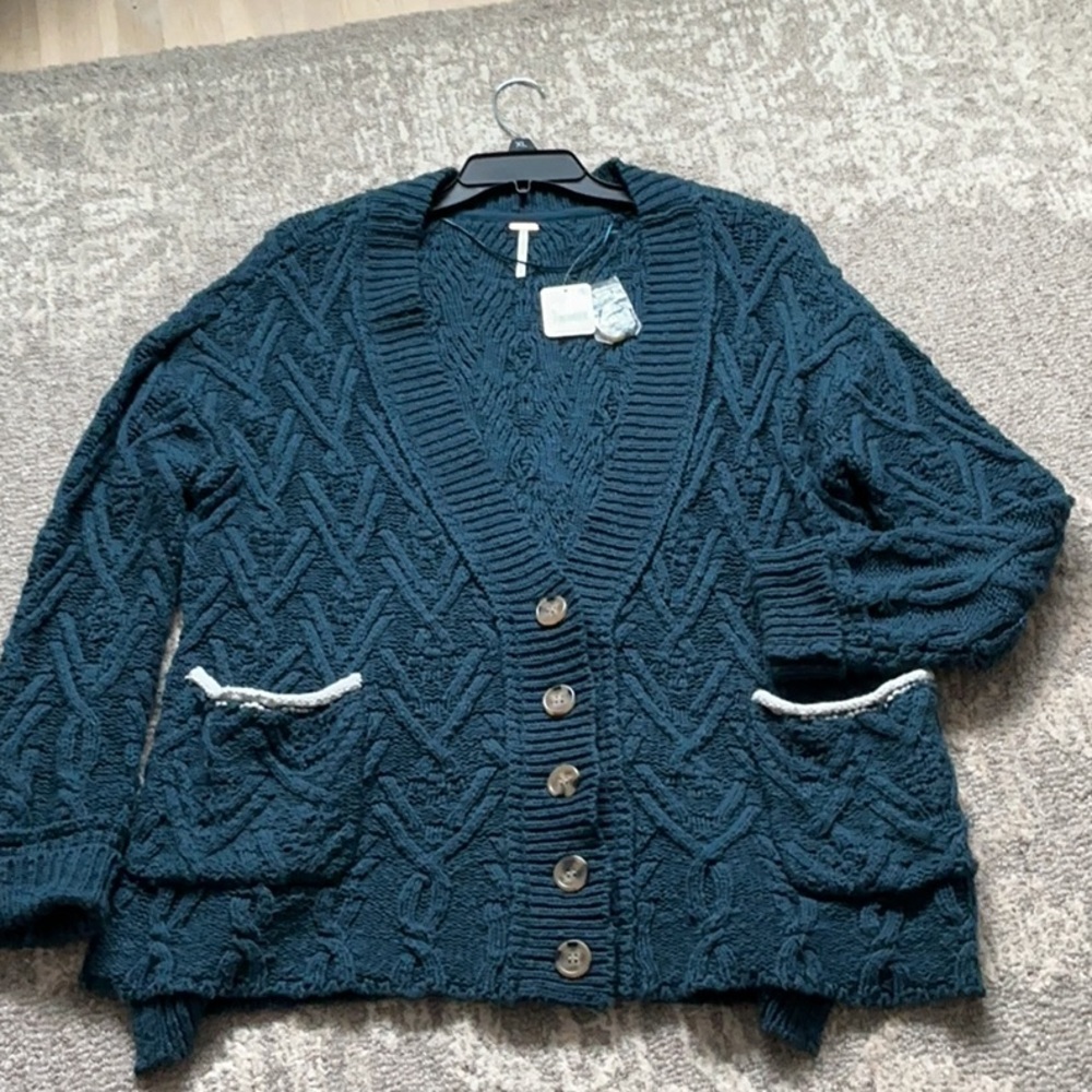 Free People Deep Teal Cable Knit Cardigan